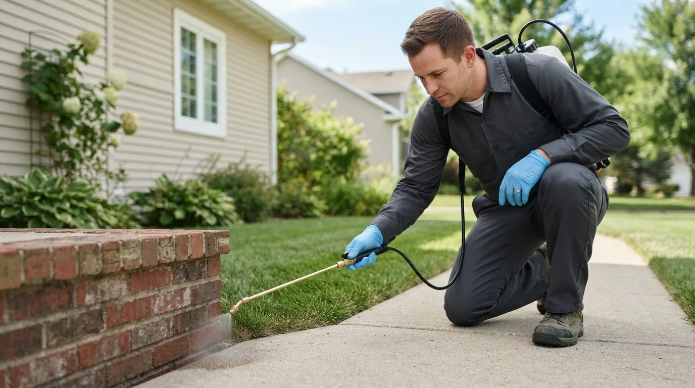 Pest control technician treating a home near Paola, KS