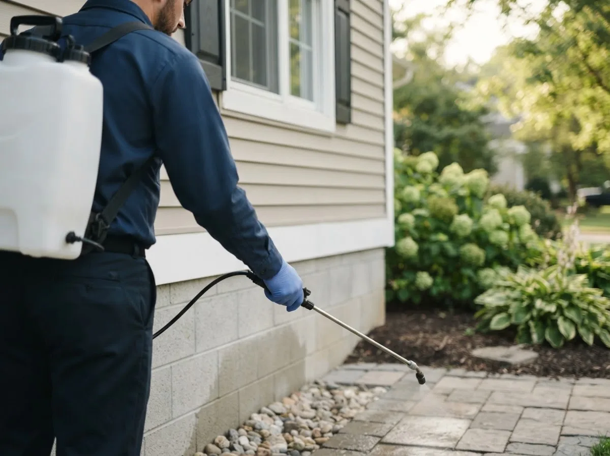 Pest control technician inspecting a home in Paola, KS